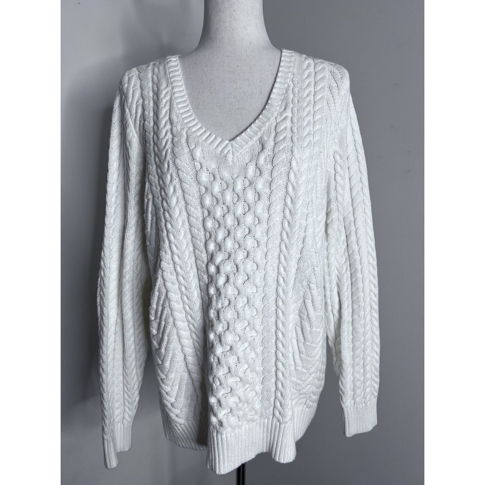 Lands End Womens XL White Cable Knit V Neck Sweater Fisherman Coastal Preppy